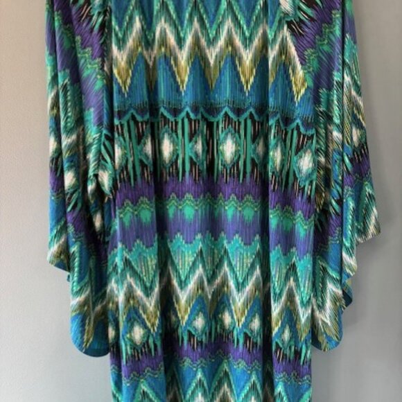 Cato 26/28W Tunic Green Blue Purple Zig Zag Keyhole Neck Boho Flair Bold Bell - Picture 2 of 7
